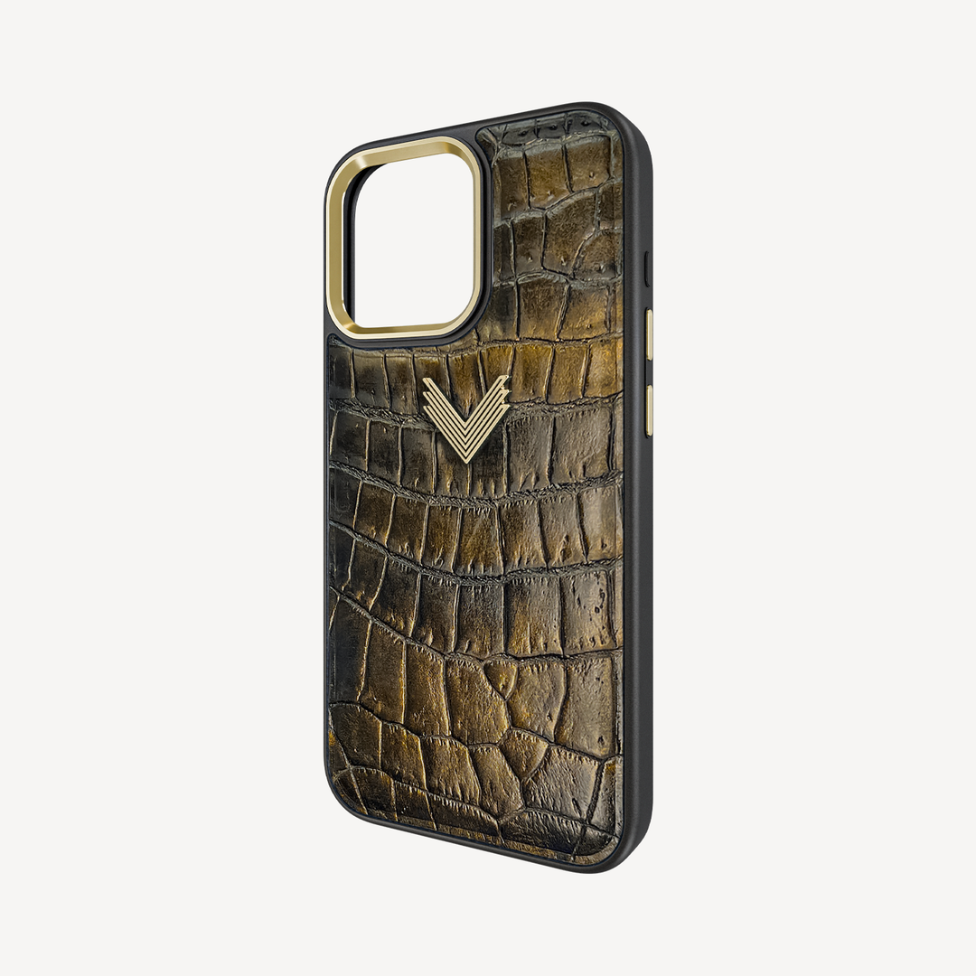 iPhone 16 Pro Phone Case, Crocodile Leather, Antique VLogo
