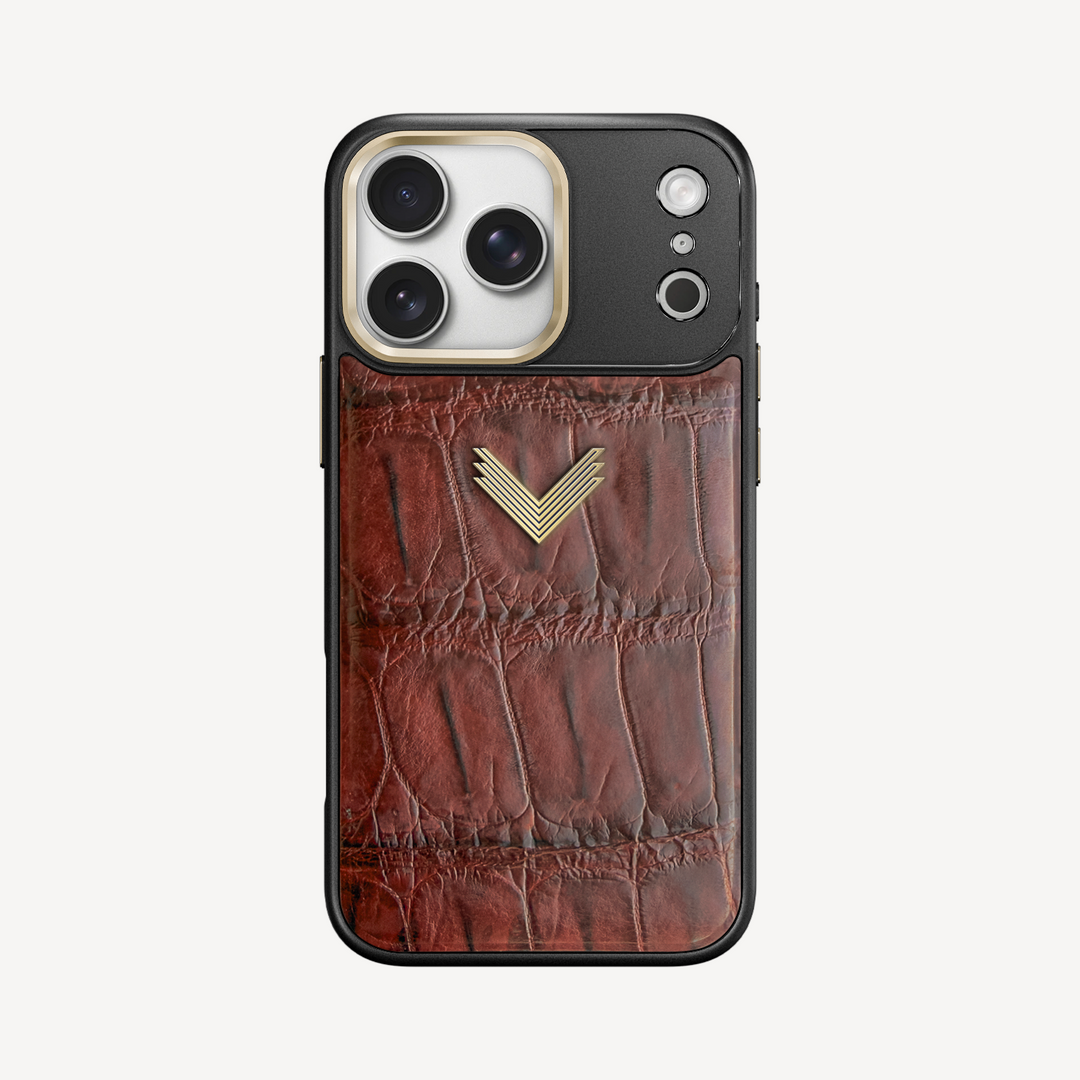 iPhone 17 Pro Max Phone Case, Crocodile Leather, Antique VLogo