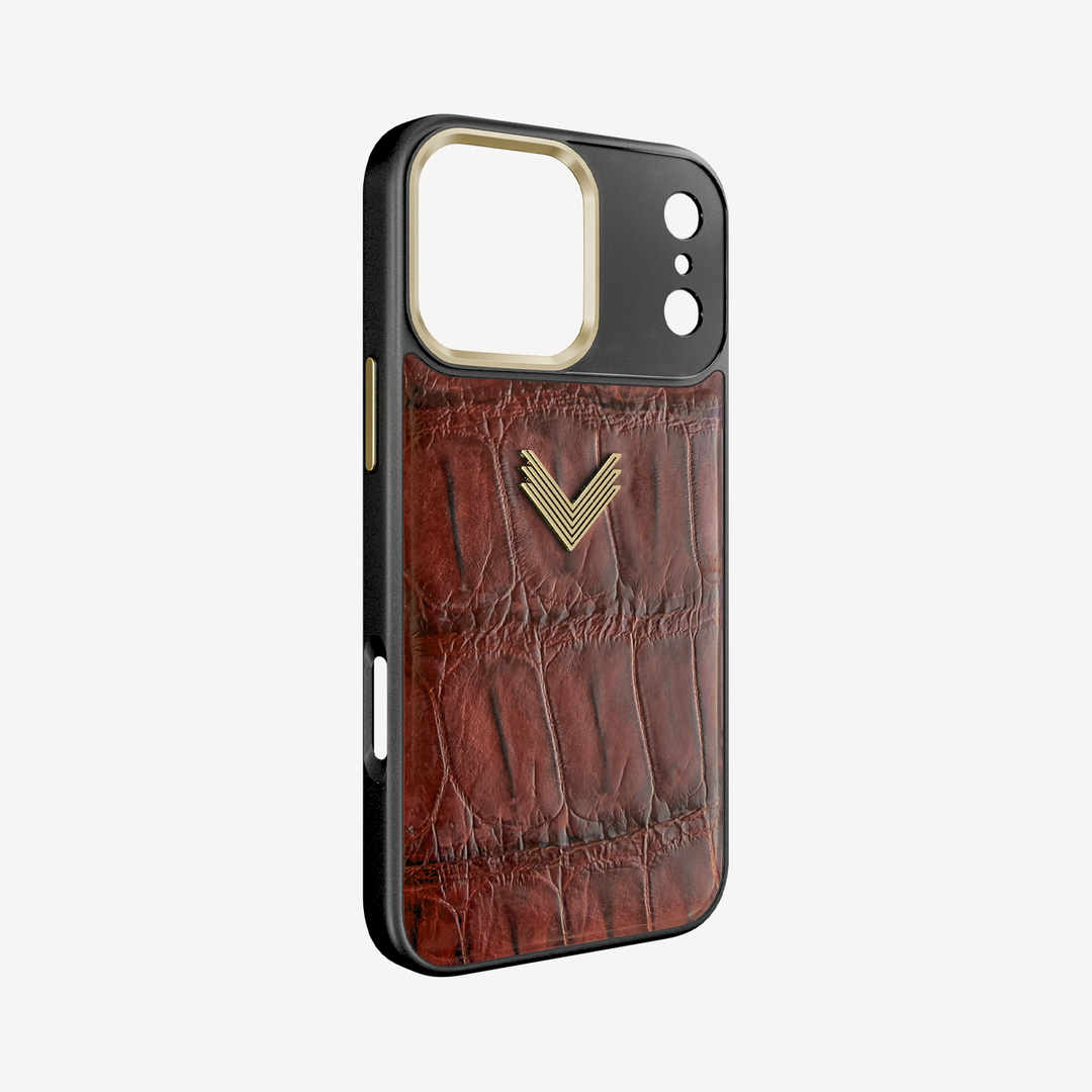 iPhone 17 Pro Phone Case, Crocodile Leather, Antique VLogo