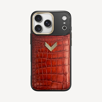 iPhone 17 Pro Phone Case, Crocodile Leather, Antique VLogo