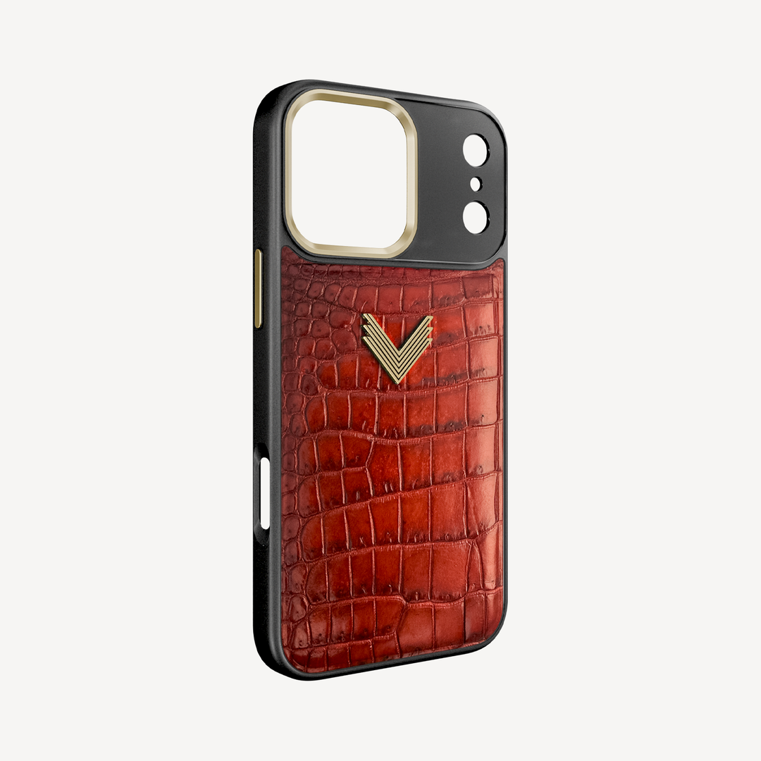 iPhone 17 Pro Phone Case, Crocodile Leather, Antique VLogo