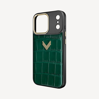 iPhone 17 Pro Phone Case, Crocodile Leather, Antique VLogo