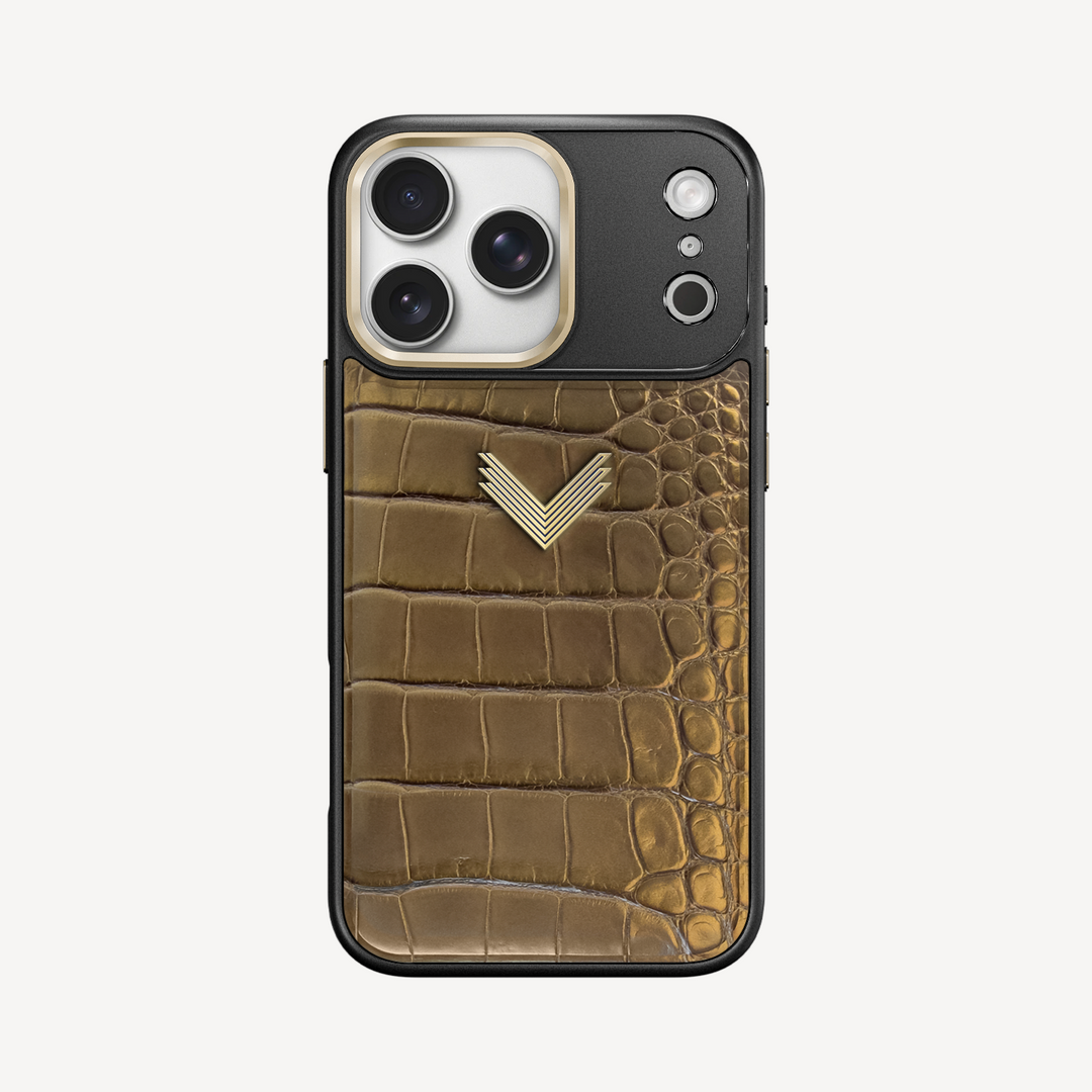 iPhone 17 Pro Phone Case, Crocodile Leather, Antique VLogo