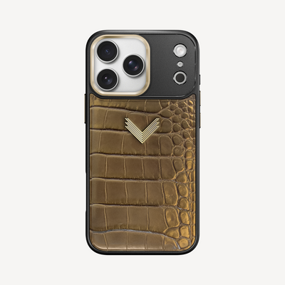 iPhone 17 Pro Phone Case, Crocodile Leather, Antique VLogo