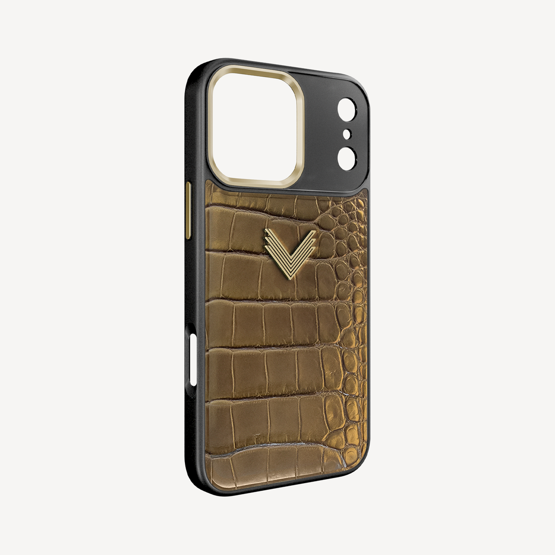 iPhone 17 Pro Phone Case, Crocodile Leather, Antique VLogo