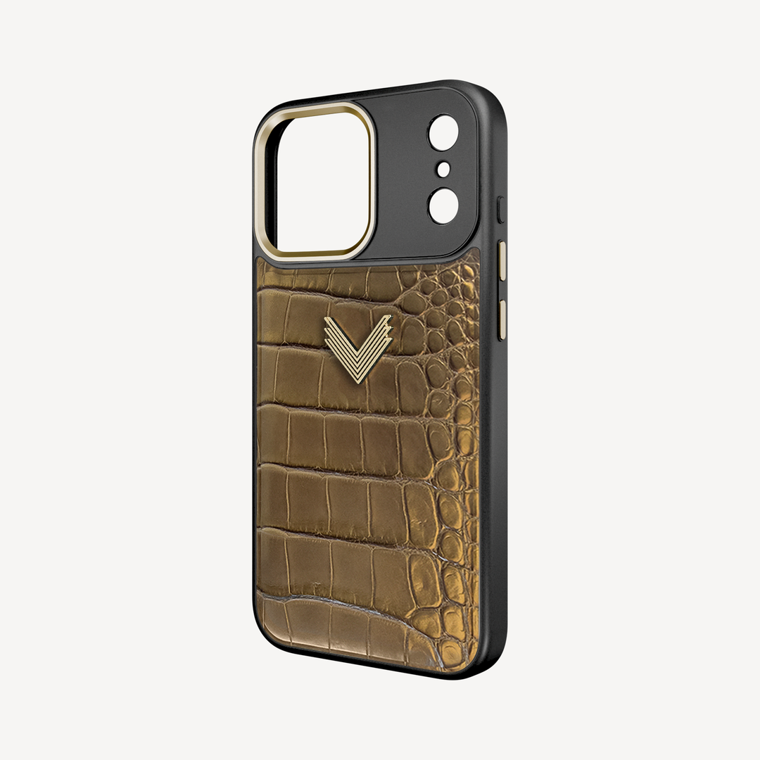 iPhone 17 Pro Max Phone Case, Crocodile Leather, Antique VLogo