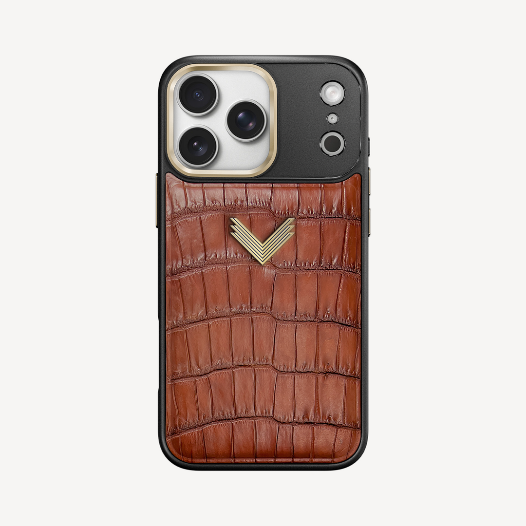 iPhone 17 Pro Phone Case, Crocodile Leather, Antique VLogo