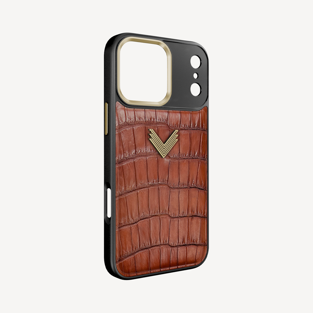 iPhone 17 Pro Phone Case, Crocodile Leather, Antique VLogo