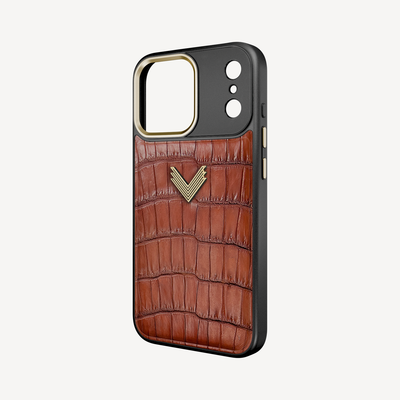 iPhone 17 Pro Phone Case, Crocodile Leather, Antique VLogo