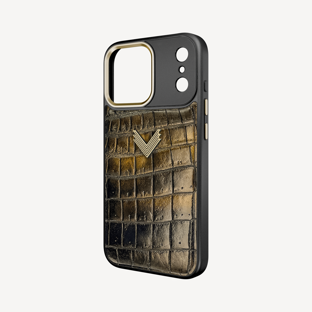 iPhone 17 Pro Phone Case, Crocodile Leather, Antique VLogo