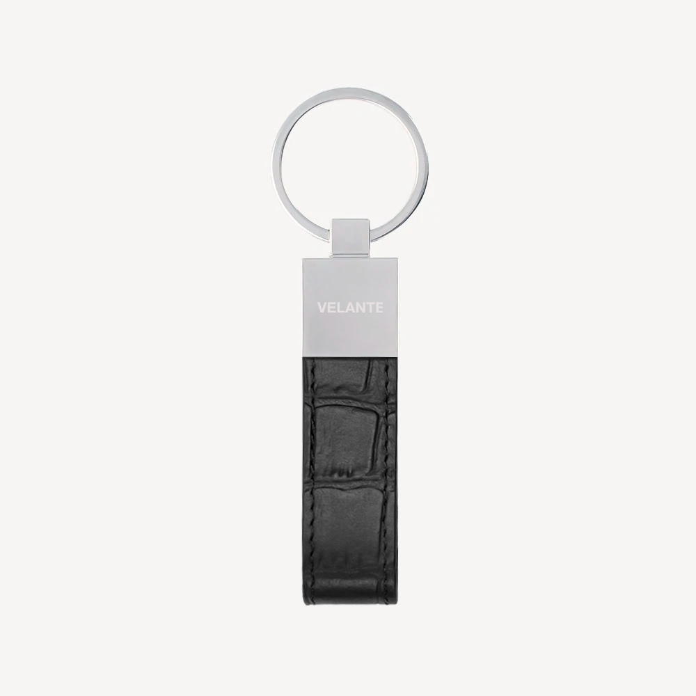 Keyring, Calf Leather, Crocodile Texture, Silver