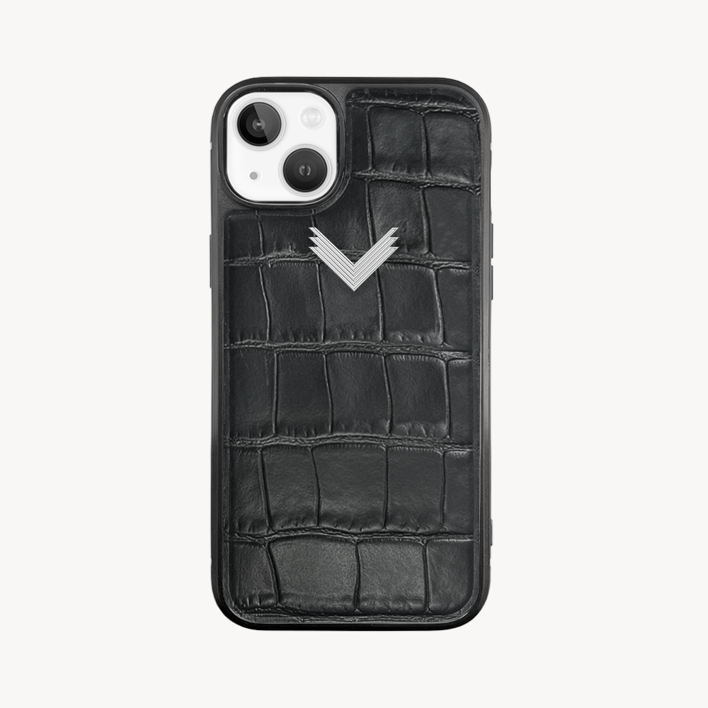 iPhone 14 Phone Case, Calf Leather, Crocodile Texture