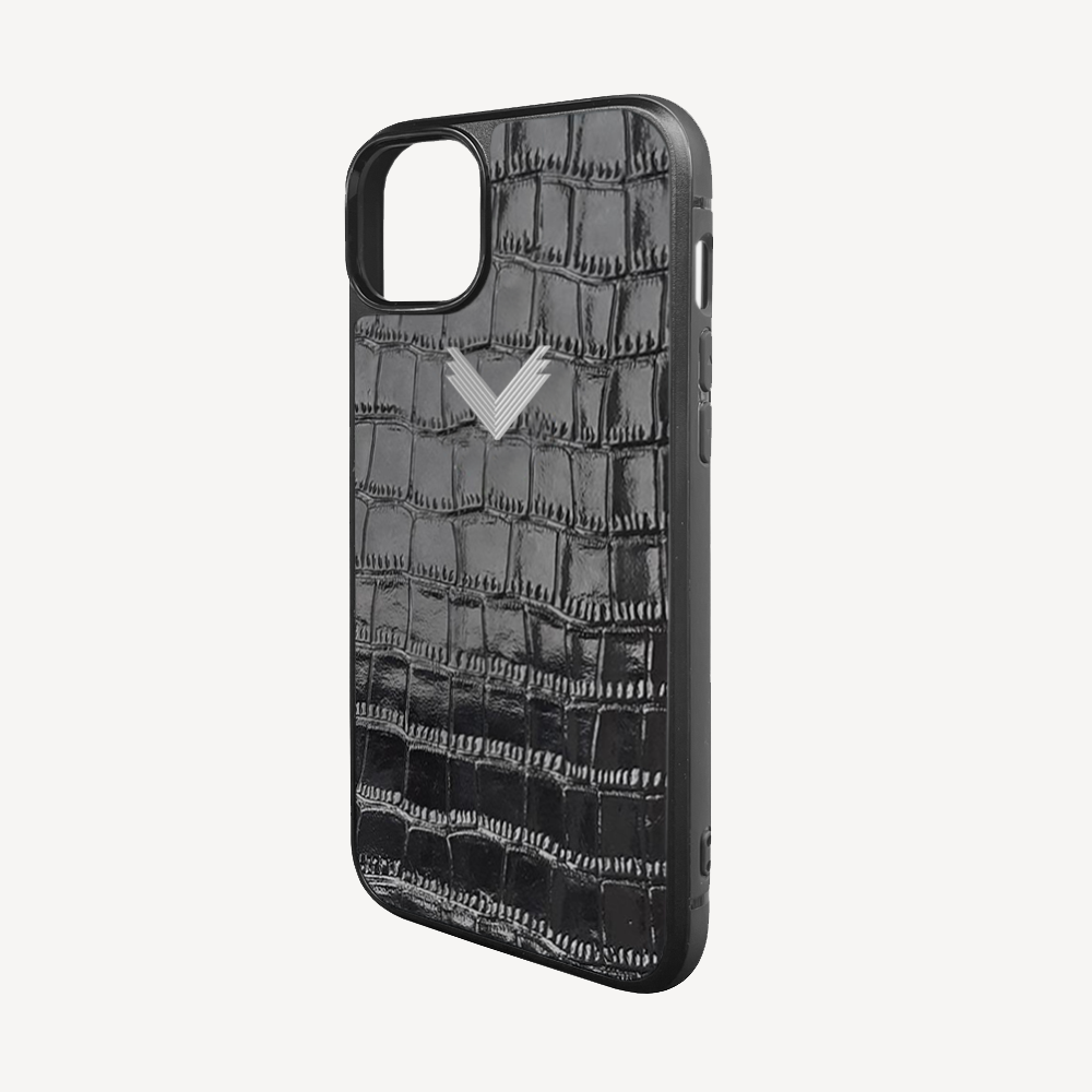 iPhone 15 Plus Phone Case, Calf Leather, Crocodile Texture