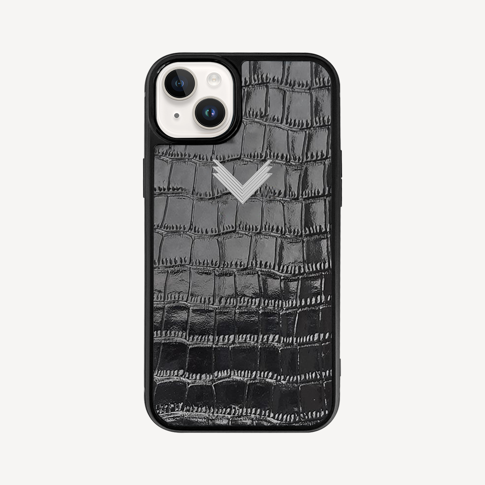 iPhone 14 Plus Phone Case, Calf Leather, Crocodile Texture