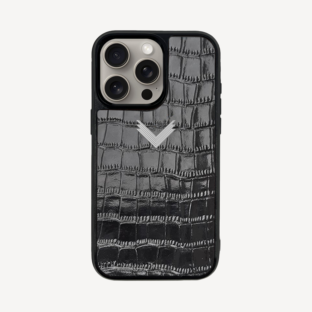 iPhone 15 Pro Phone Case, Calf Leather, Crocodile Texture