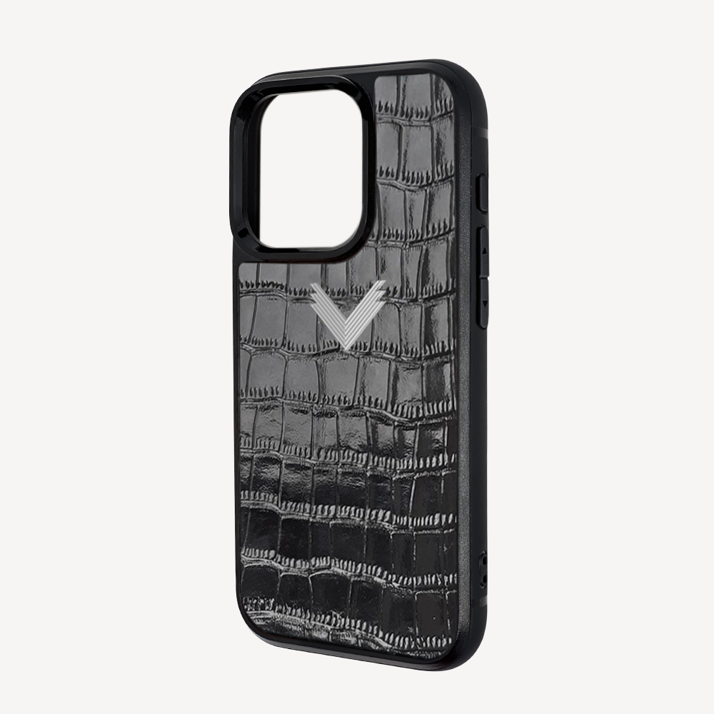 iPhone 15 Pro Phone Case, Calf Leather, Crocodile Texture