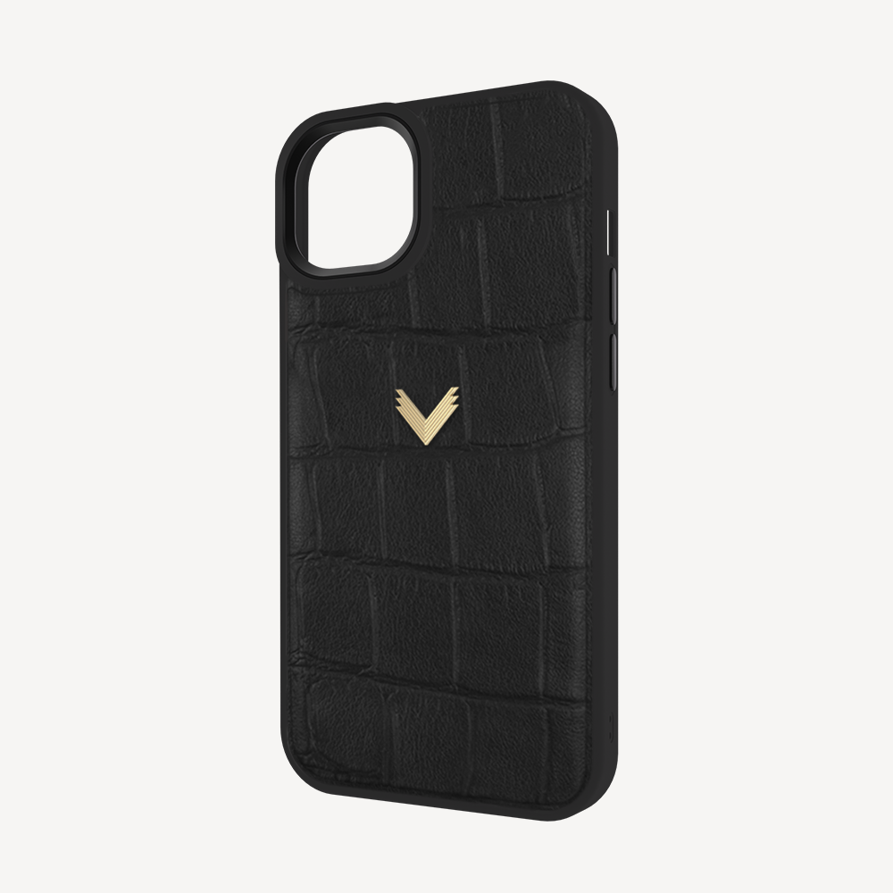 iPhone 15 Plus Phone Case, Calf Leather, Crocodile Texture