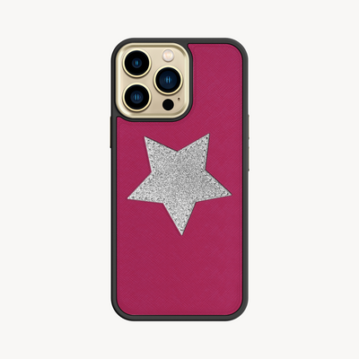 iPhone 14 Pro Phone Case, Saffiano Leather, Glitter V-Star