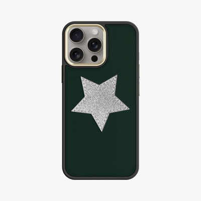 iPhone 15 Pro Phone Case, Saffiano Leather, Glitter V-Star