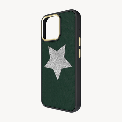 iPhone 15 Pro Phone Case, Saffiano Leather, Glitter V-Star