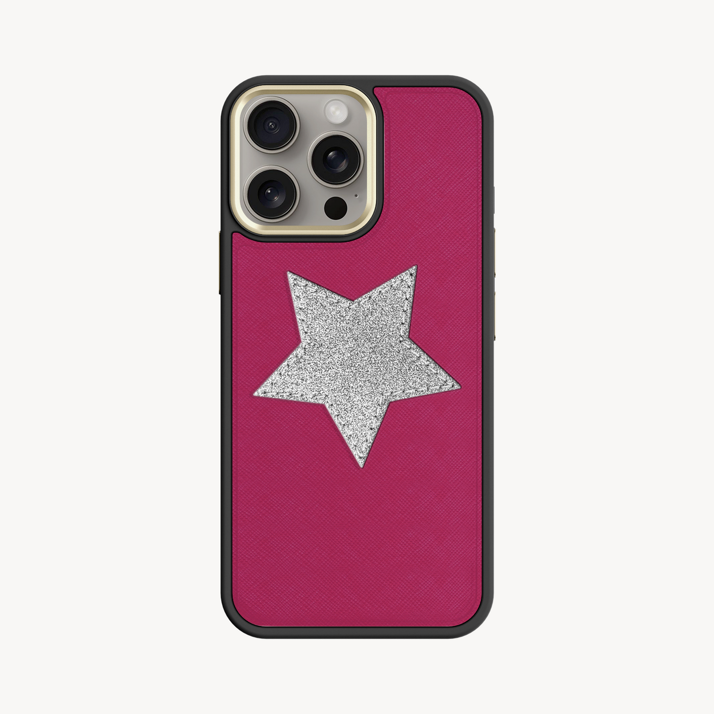 iPhone 15 Pro Phone Case, Saffiano Leather, Glitter V-Star