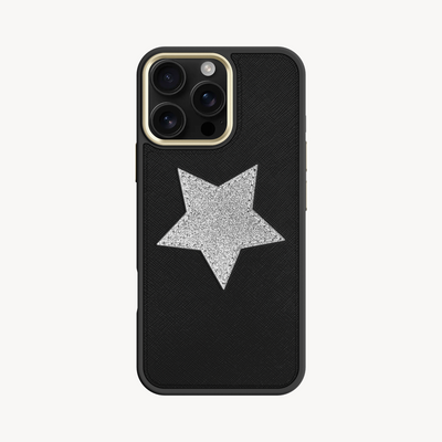 iPhone 16 Pro Phone Case, Saffiano Leather, Glitter V-Star