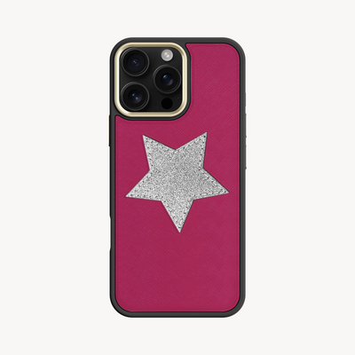 iPhone 16 Pro Phone Case, Saffiano Leather, Glitter V-Star