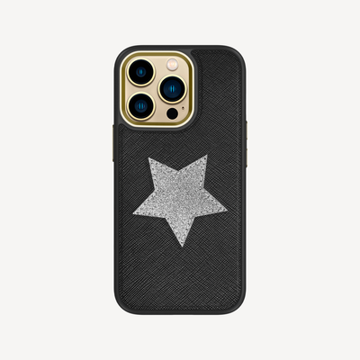 iPhone 14 Pro Phone Case, Saffiano Leather, Glitter V-Star