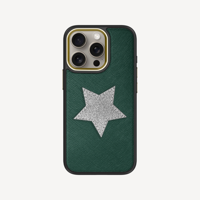 iPhone 15 Pro Phone Case, Saffiano Leather, Glitter V-Star