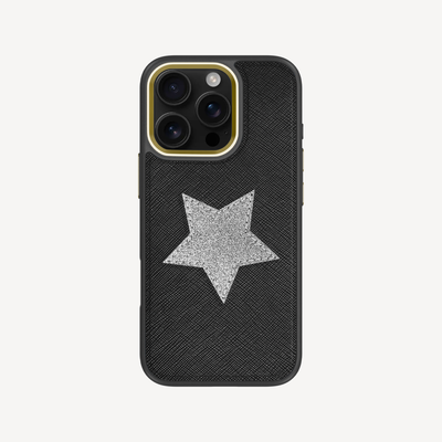 iPhone 16 Pro Phone Case, Saffiano Leather, Glitter V-Star