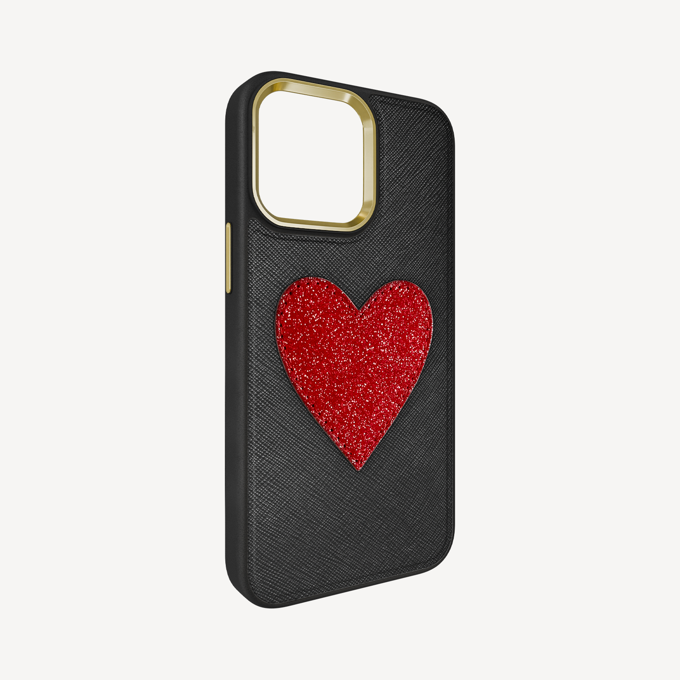 iPhone 14 Pro Phone Case, Saffiano Leather, Glitter Heart