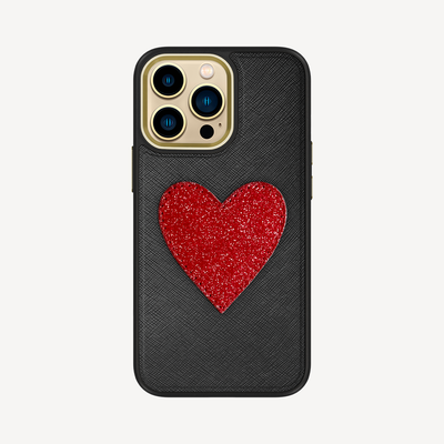 iPhone 14 Pro Max Phone Case, Saffiano Leather, Glitter Heart