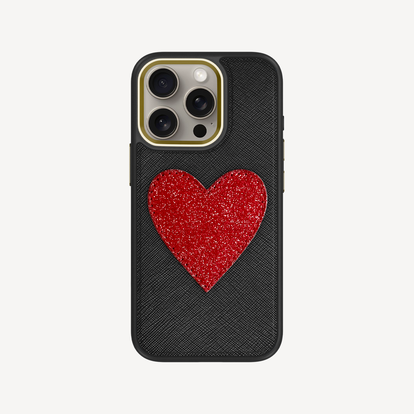 iPhone 15 Pro Phone Case, Saffiano Leather, Glitter Heart