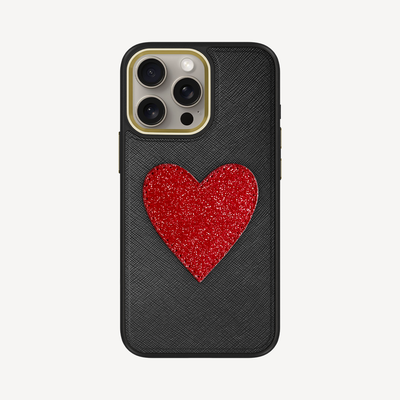 iPhone 15 Pro Max Phone Case, Saffiano Leather, Glitter Heart