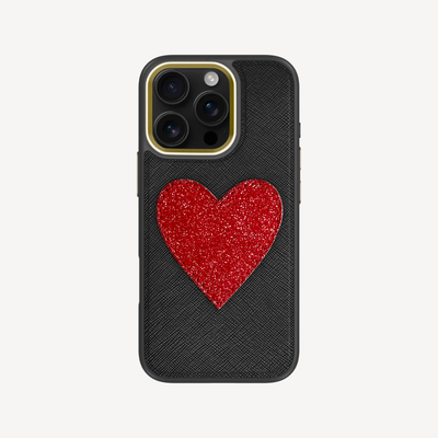 iPhone 16 Pro Phone Case, Saffiano Leather, Glitter Heart