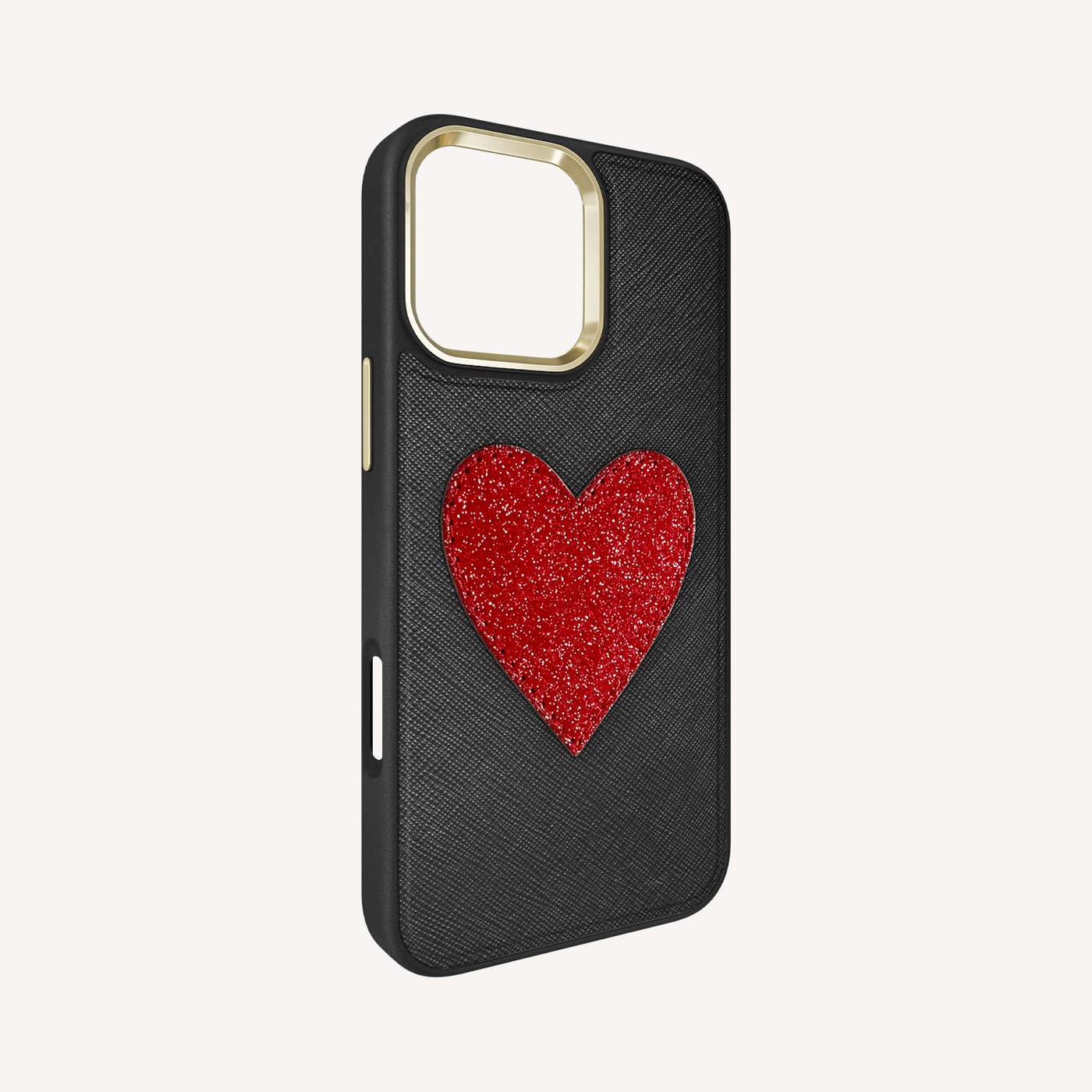 iPhone 16 Pro Phone Case, Saffiano Leather, Glitter Heart