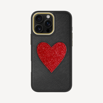 iPhone 16 Pro Max Phone Case, Saffiano Leather, Glitter Heart