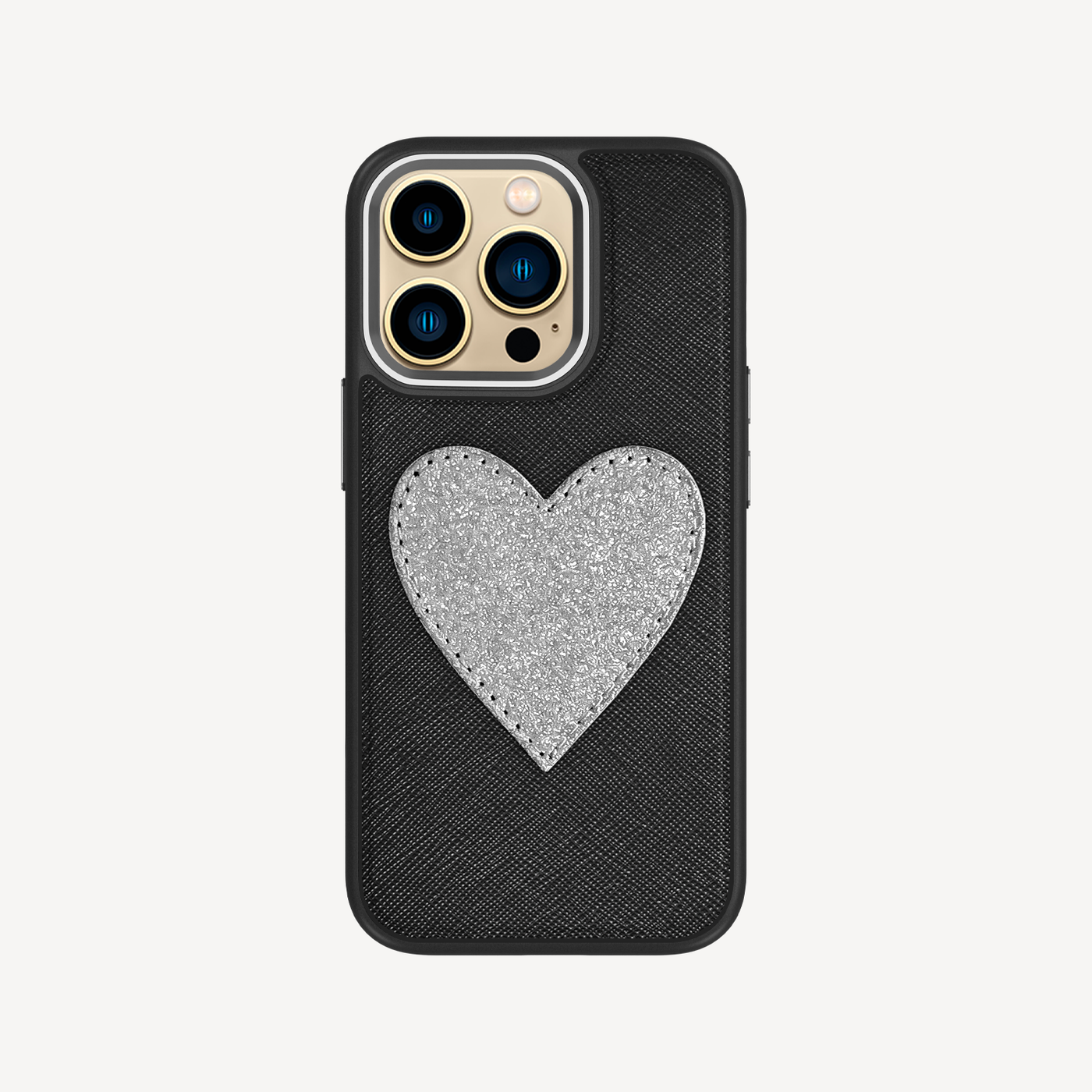 iPhone 14 Pro Phone Case, Saffiano Leather, Glitter Heart