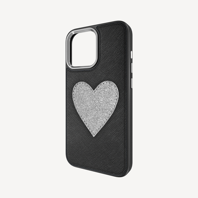 iPhone 14 Pro Phone Case, Saffiano Leather, Glitter Heart