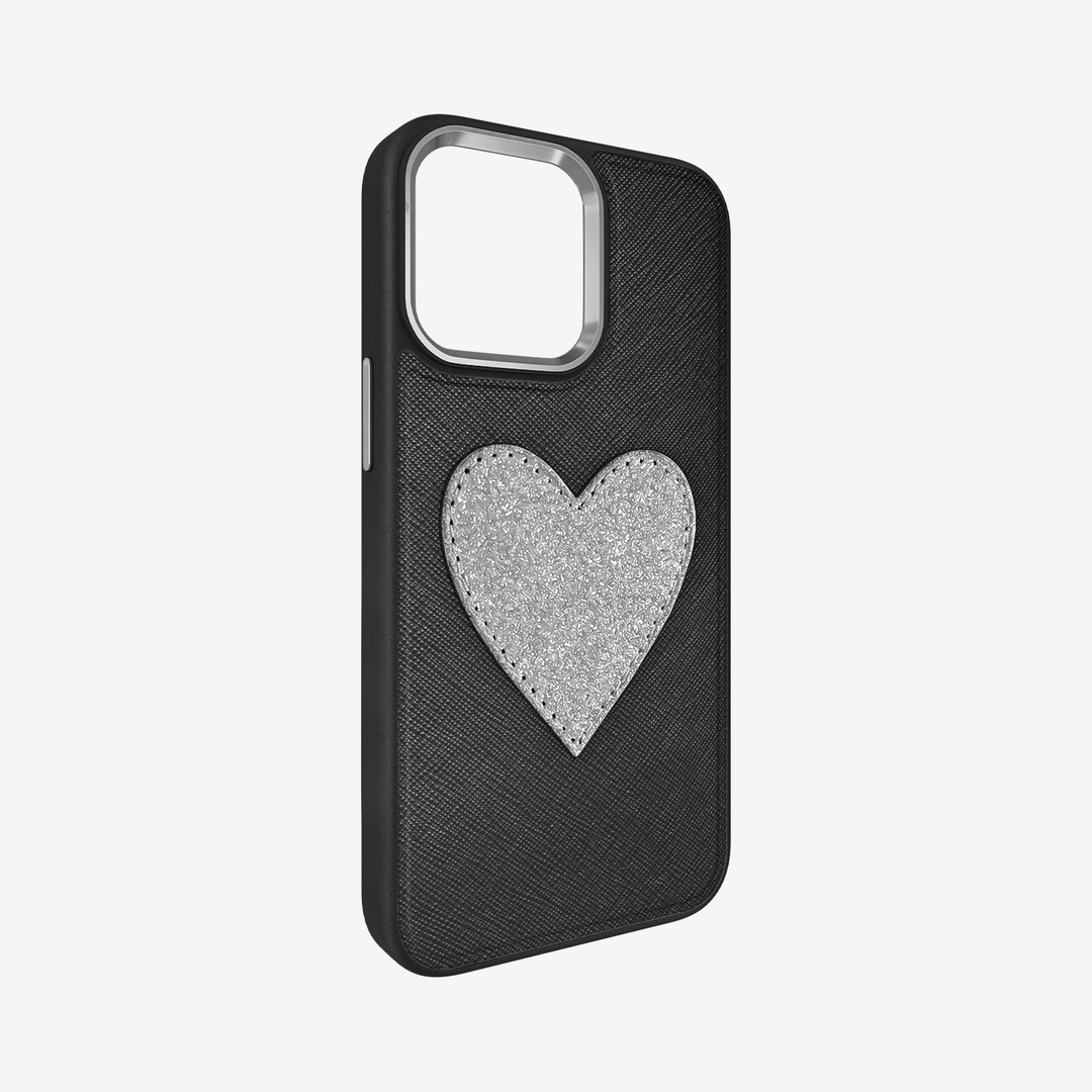 iPhone 14 Pro Max Phone Case, Saffiano Leather, Glitter Heart