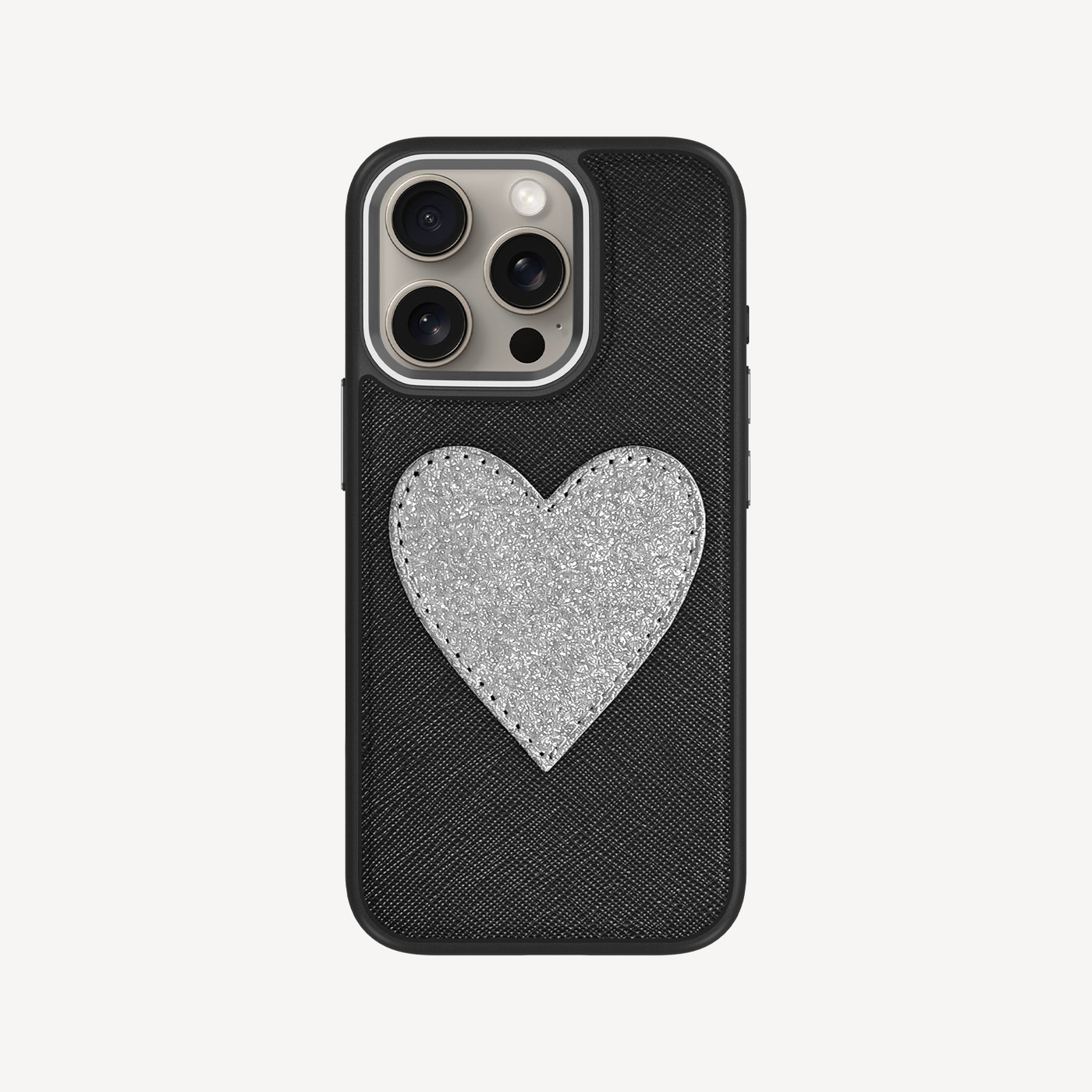 iPhone 15 Pro Phone Case, Saffiano Leather, Glitter Heart