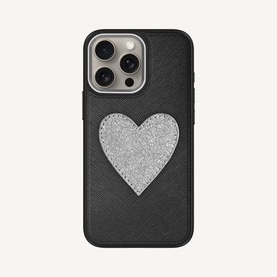 iPhone 15 Pro Max Phone Case, Saffiano Leather, Glitter Heart