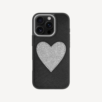 iPhone 16 Pro Phone Case, Saffiano Leather, Glitter Heart