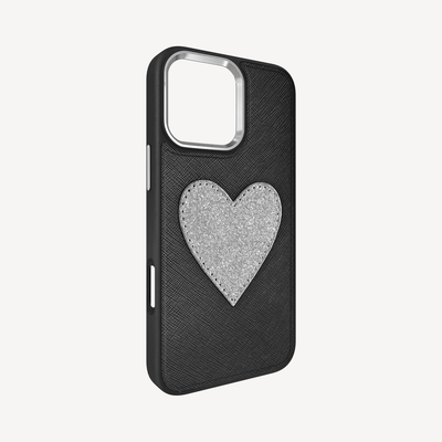 iPhone 16 Pro Phone Case, Saffiano Leather, Glitter Heart