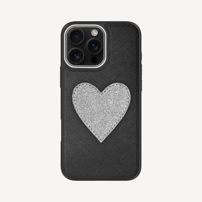 iPhone 16 Pro Max Phone Case, Saffiano Leather, Glitter Heart