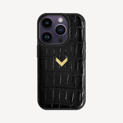 iPhone 14 Pro Phone Case, Crocodile Leather, 14K Yellow Gold VLogo