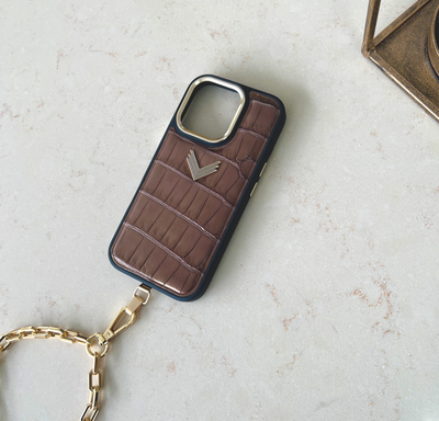 iPhone 16 Pro Phone Case, Crocodile Leather, Antique VLogo