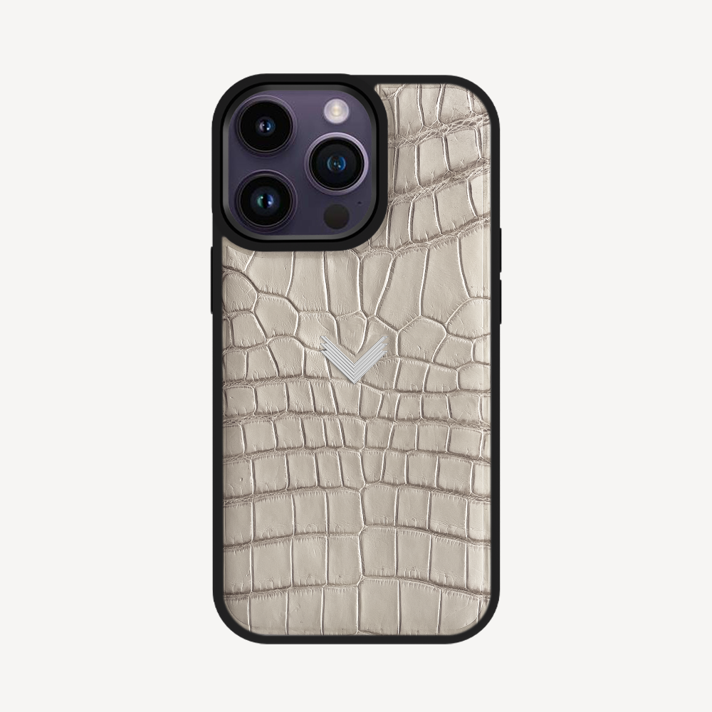 iPhone 14 Pro Max Phone Case, Crocodile Leather, VLogo 14K White Gold