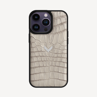 iPhone 14 Pro Max Phone Case, Crocodile Leather, VLogo 14K White Gold