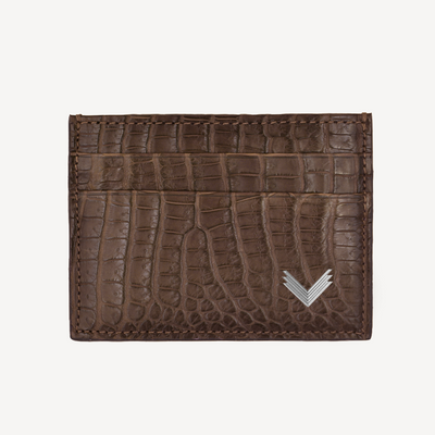 Card Holder MM, Crocodile Leather, 14K White Gold VLogo